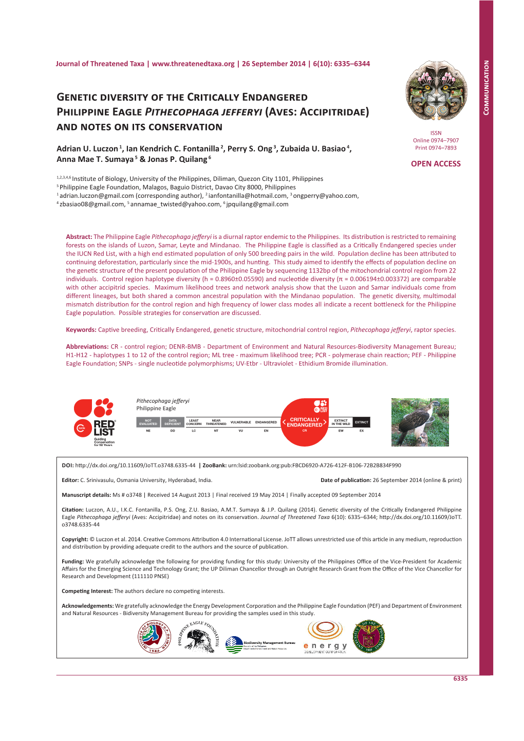 Genetic Diversity of the Critically Endangered Philippine Eagle Pithecophaga Jefferyi (Aves: Accipitridae) and Notes on Its Conservation