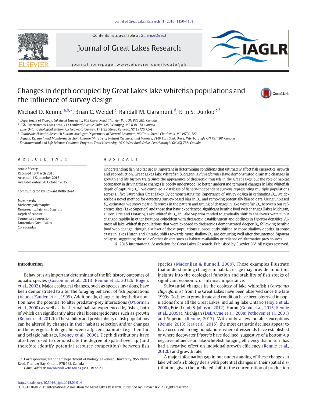 Changes in Depth Occupied by Great Lakes Lake Whitefish Populations