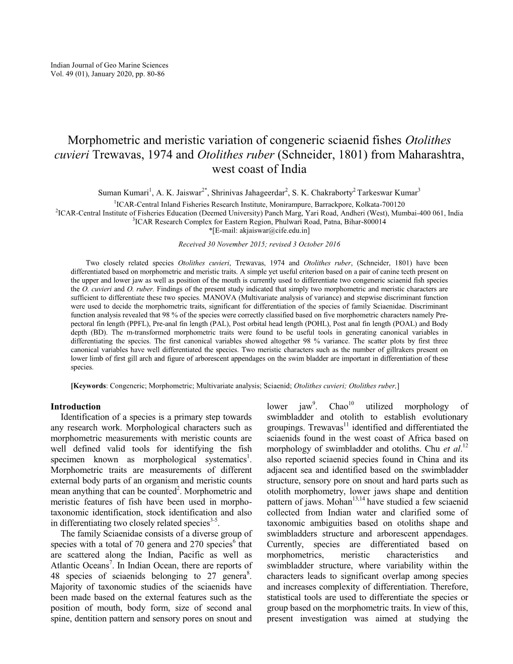 Morphometric and Meristic Variation of Congeneric Sciaenid Fishes