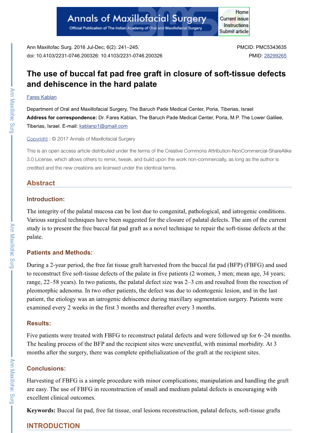 The Use of Buccal Fat Pad Free Graft in Closure of Soft-Tissue Defects and Dehiscence in the Hard Palate