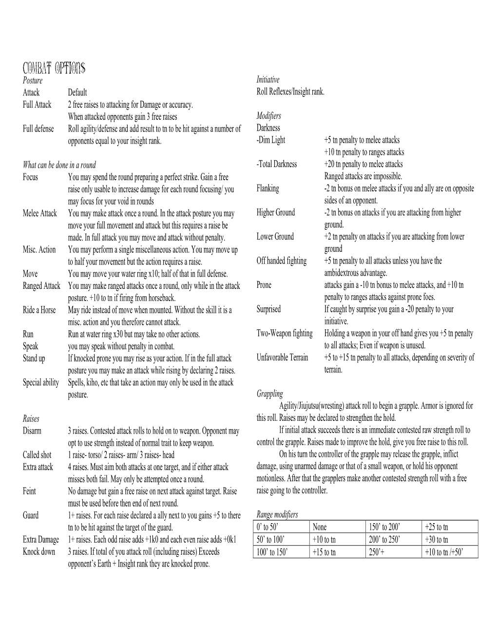 Combat Options Posture Initiative Attack Default Roll Reflexes/Insight Rank