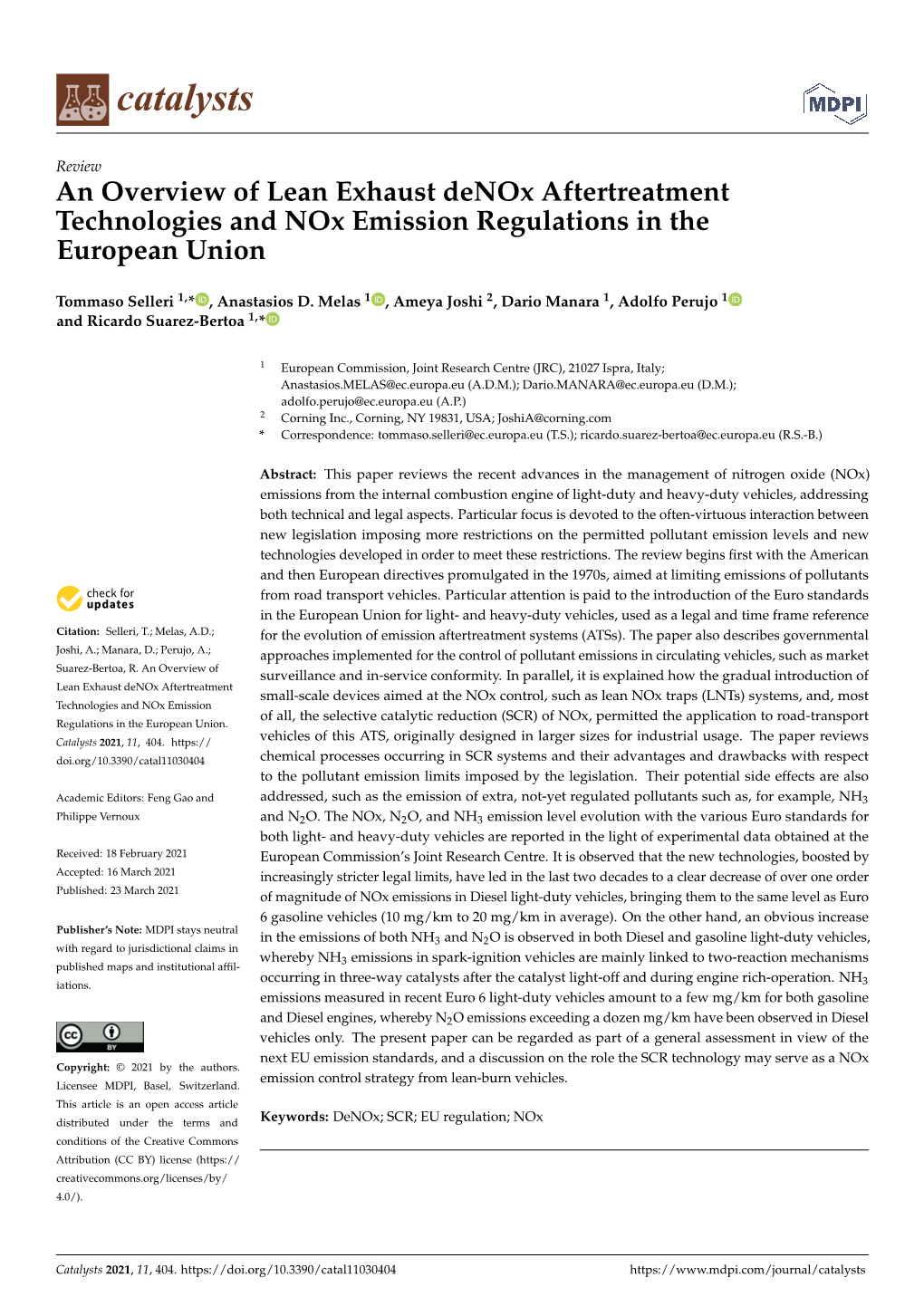 An Overview of Lean Exhaust Denox Aftertreatment Technologies and Nox Emission Regulations in the European Union