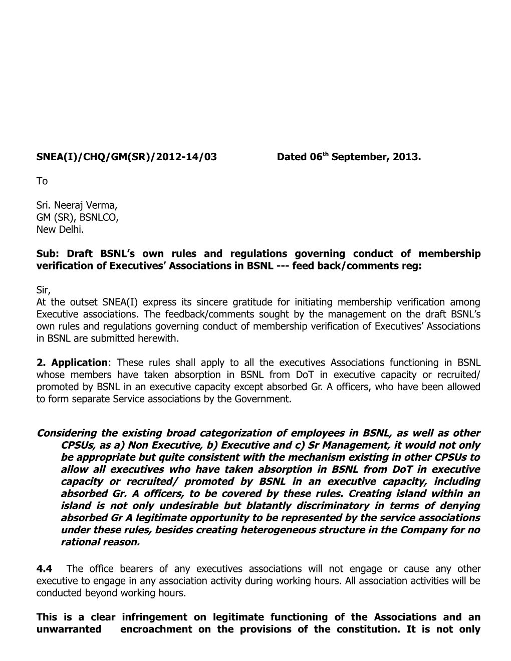 SNEA(I)/CHQ/GM(SR)/2012-14/03 Dated 06Th September, 2013