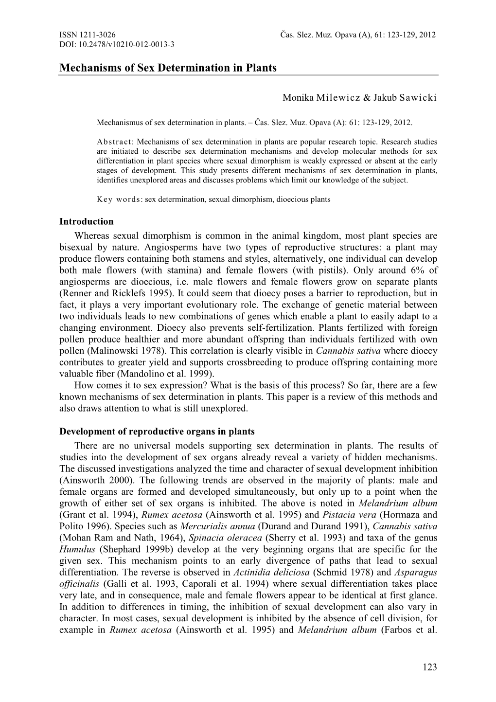 Mechanisms of Sex Determination in Plants