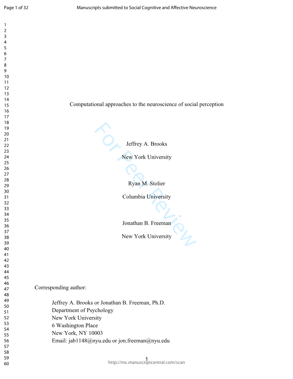 Computational Approaches to the Neuroscience of Social Perception 16 17 18 19 for Peer Review 20 21 22 Jeffrey A