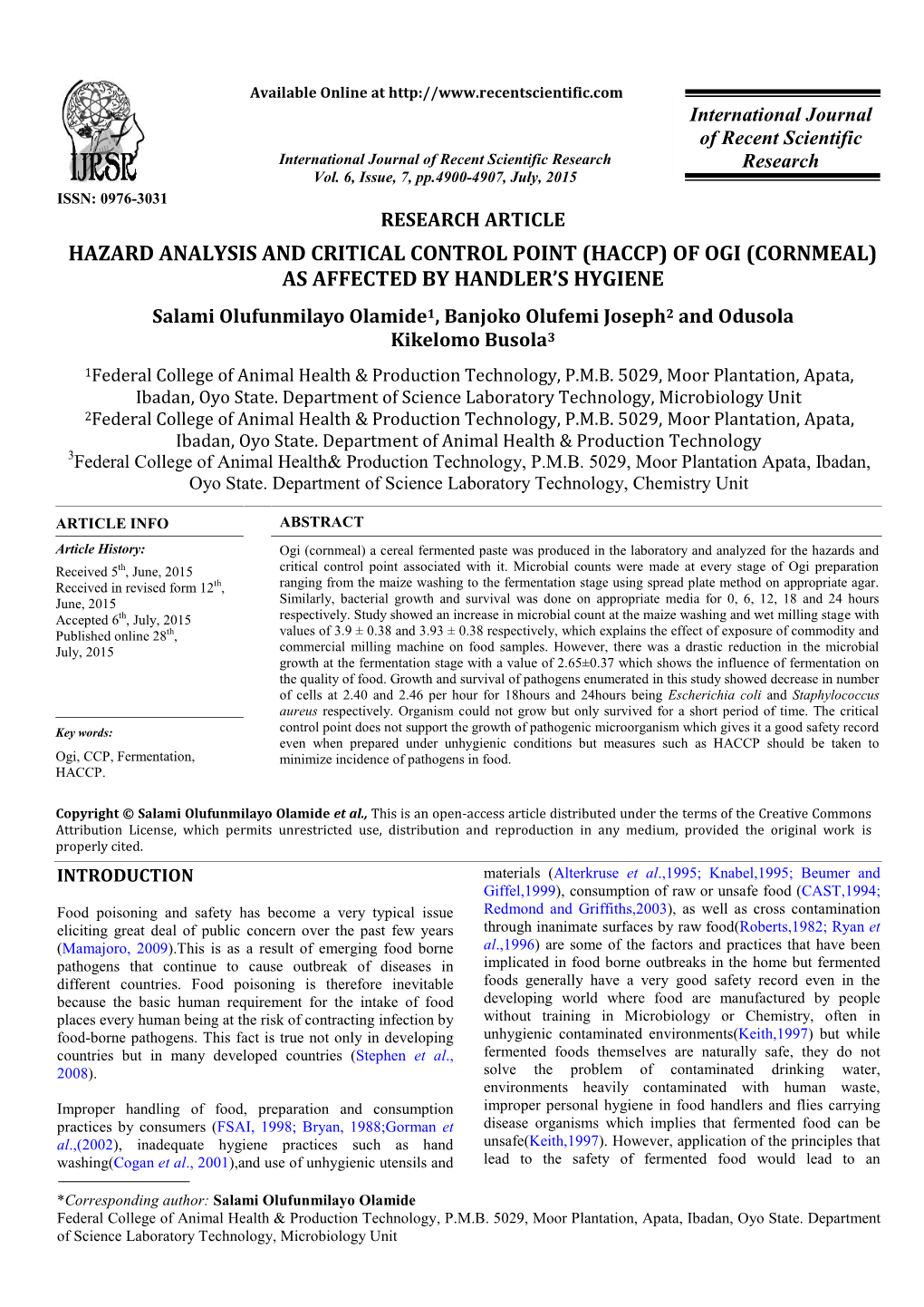 Hazard Analysis and Critical Control Point (Haccp) of Ogi
