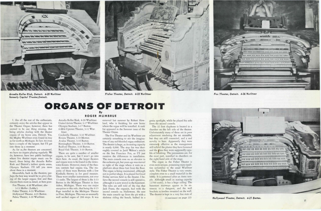 ORGANS of DETROIT by ROGER MUMBRUE I, Like All the Rest of the Enthusiasts, Arcadia Roller Rink , 4-20 Wurlitzer
