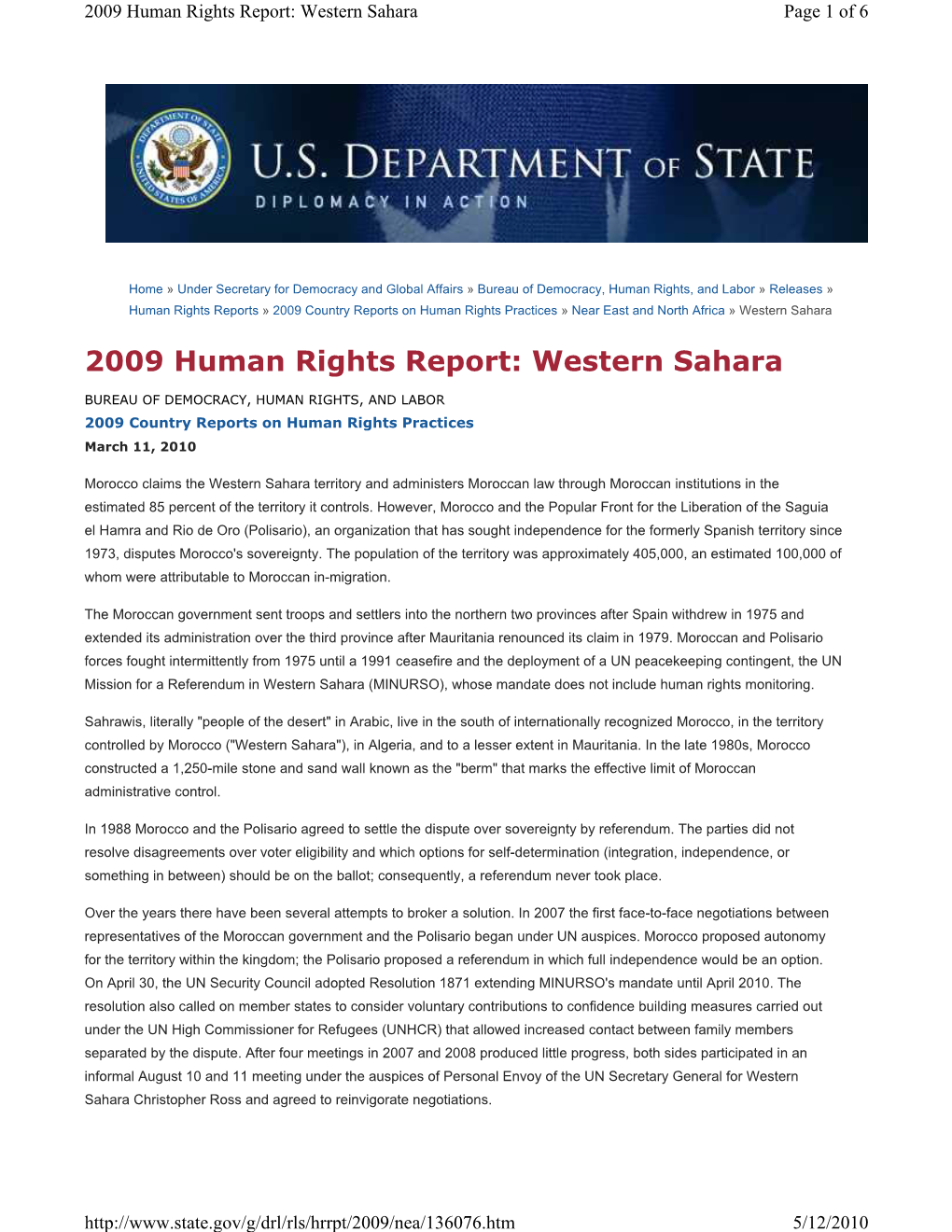 2009 Human Rights Report: Western Sahara Page 1 of 6