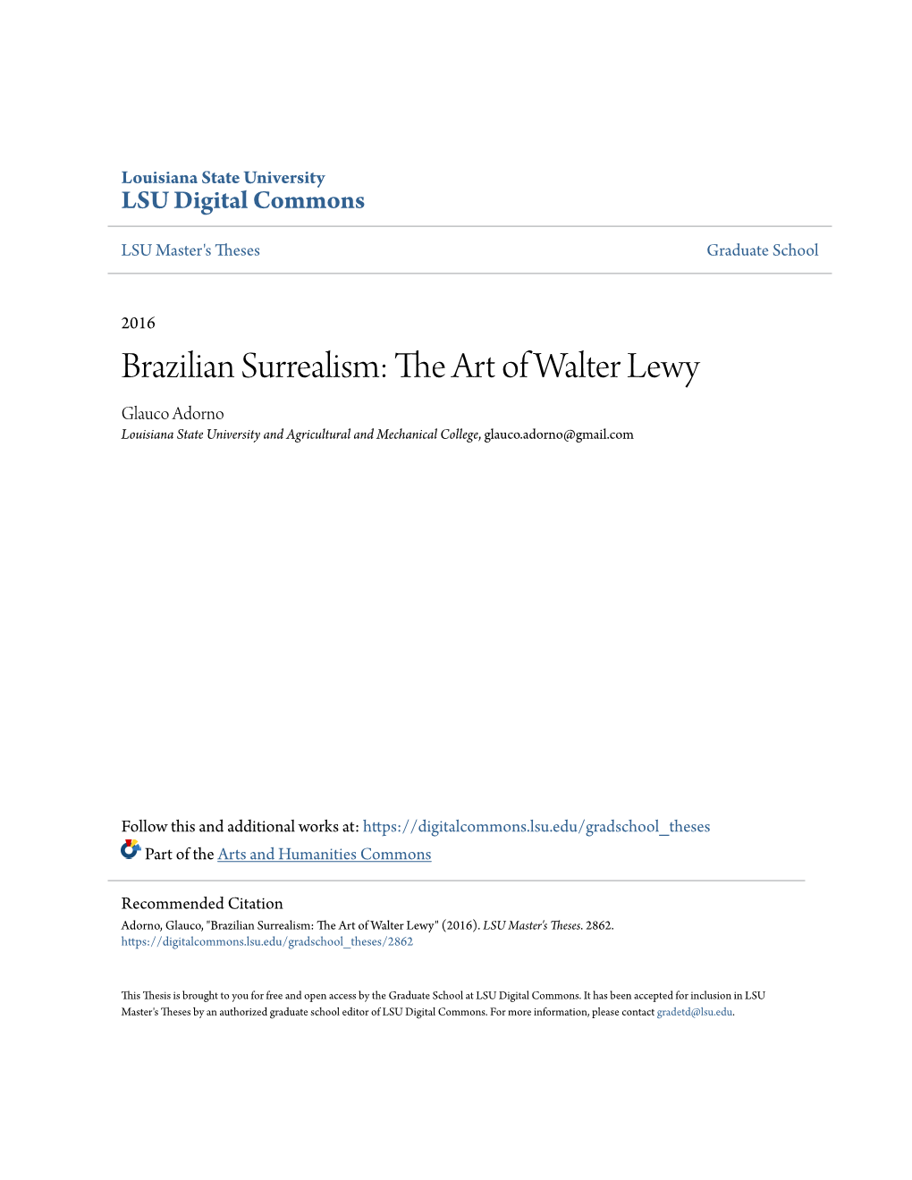 Brazilian Surrealism: the Art of Walter Lewy Glauco Adorno Louisiana State University and Agricultural and Mechanical College, Glauco.Adorno@Gmail.Com