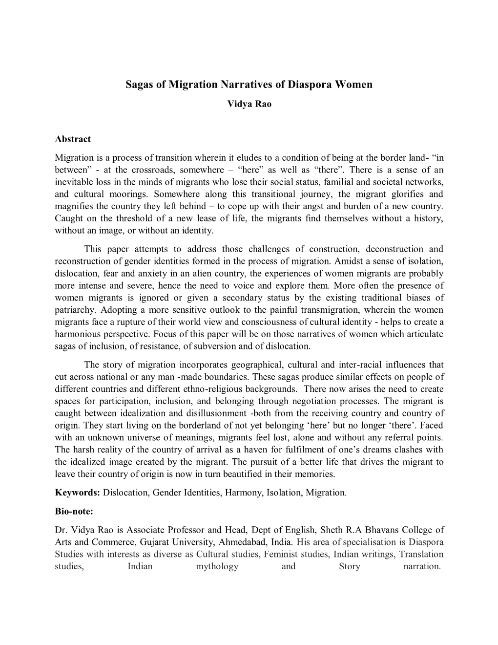 Sagas of Migration Narratives of Diaspora Women Vidya Rao