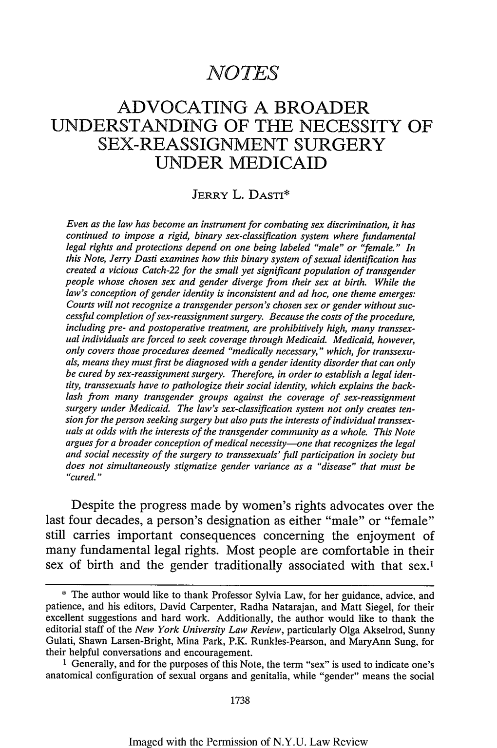 Notes Advocating a Broader Understanding of the Necessity of Sex-Reassignment Surgery Under Medicaid