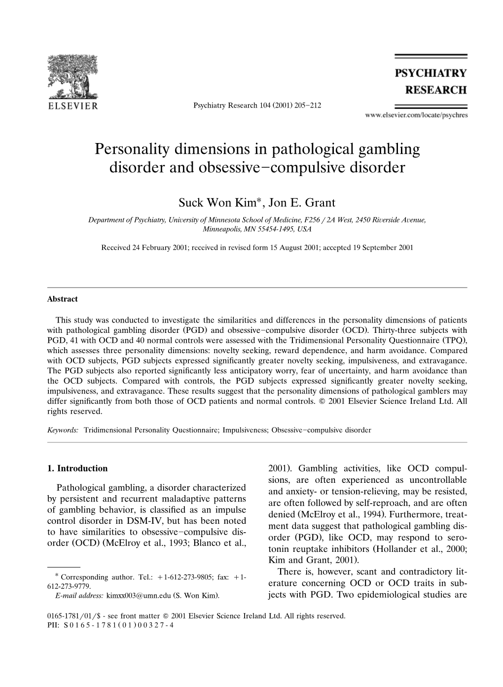 Personality Dimensions in Pathological Gambling Disorder and Obsessive᎐Compulsive Disorder