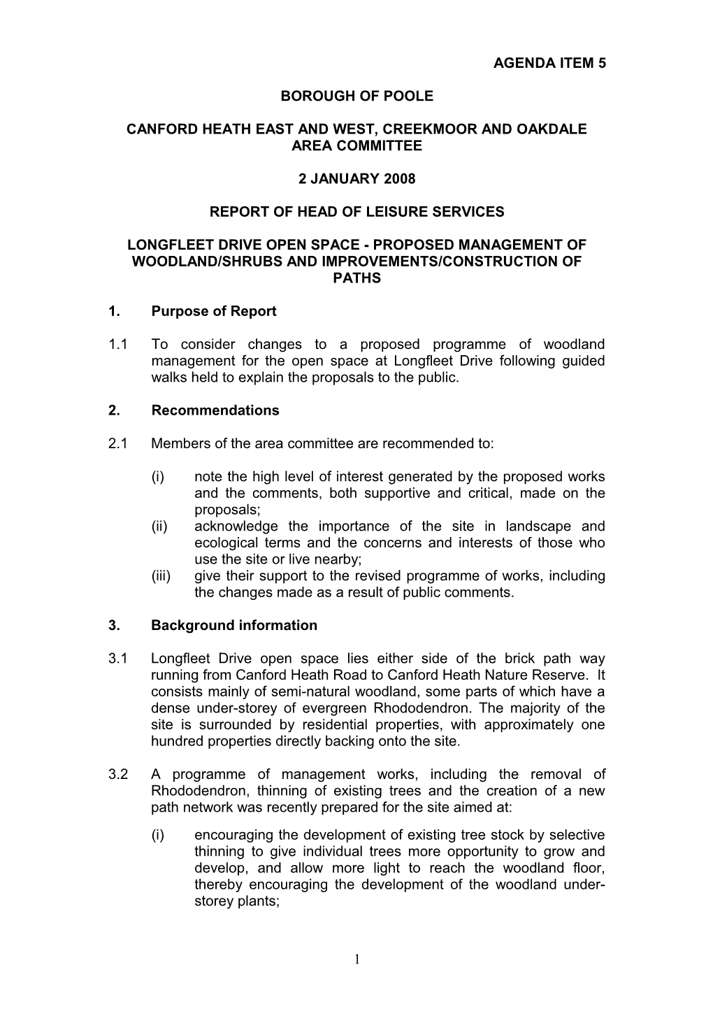 Longfleet Drive Open Space - Proposed Management of Woodland/Shrubs And