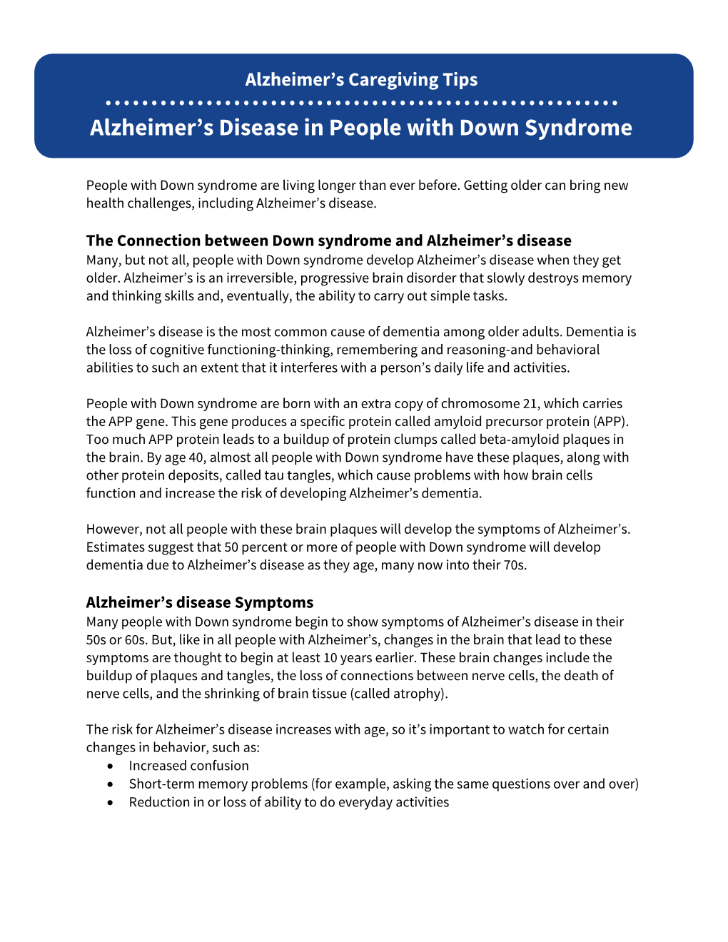 Alzheimer's Disease in People with Down