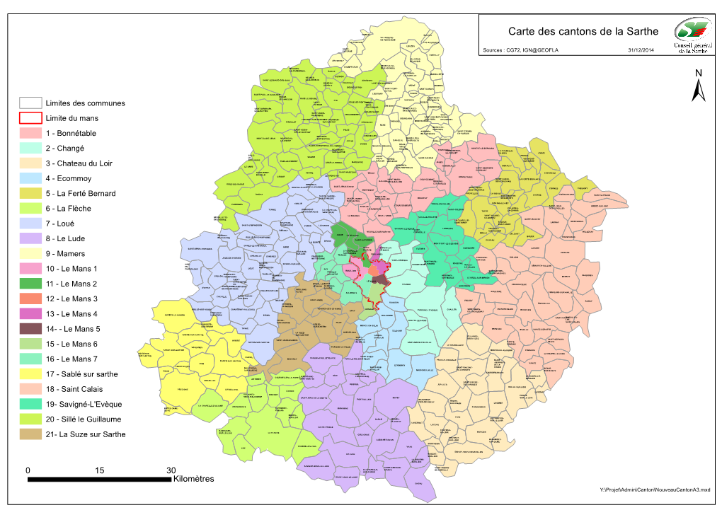 Carte Des Cantons De La Sarthe EN PERSEIGNE LE CHEVAIN LES AULNEAUX LOUZES SAINT- PATERNE Sources : CG72, IGN@GEOFLA 31/12/2014 CONTILLY
