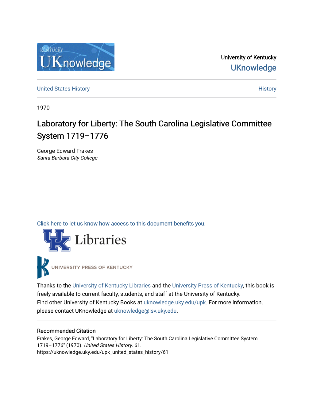 The South Carolina Legislative Committee System 1719–1776