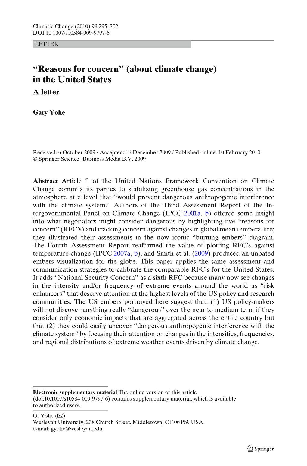 “Reasons for Concern” (About Climate Change) in the United States a Letter