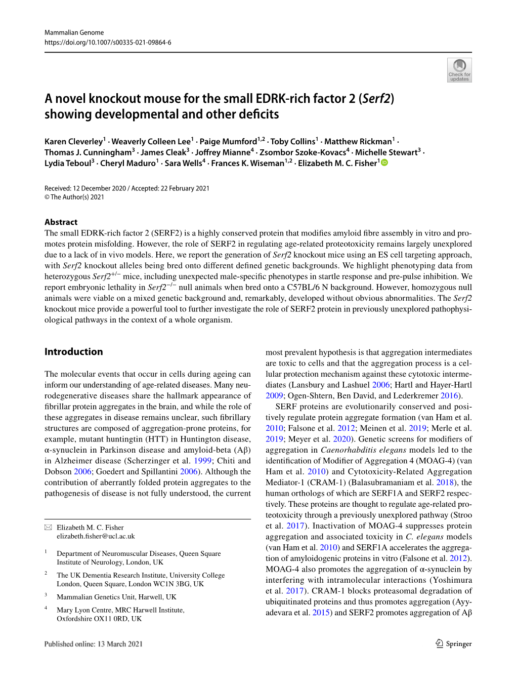 A Novel Knockout Mouse for the Small EDRK-Rich Factor 2 (Serf2) Showing Developmental And…