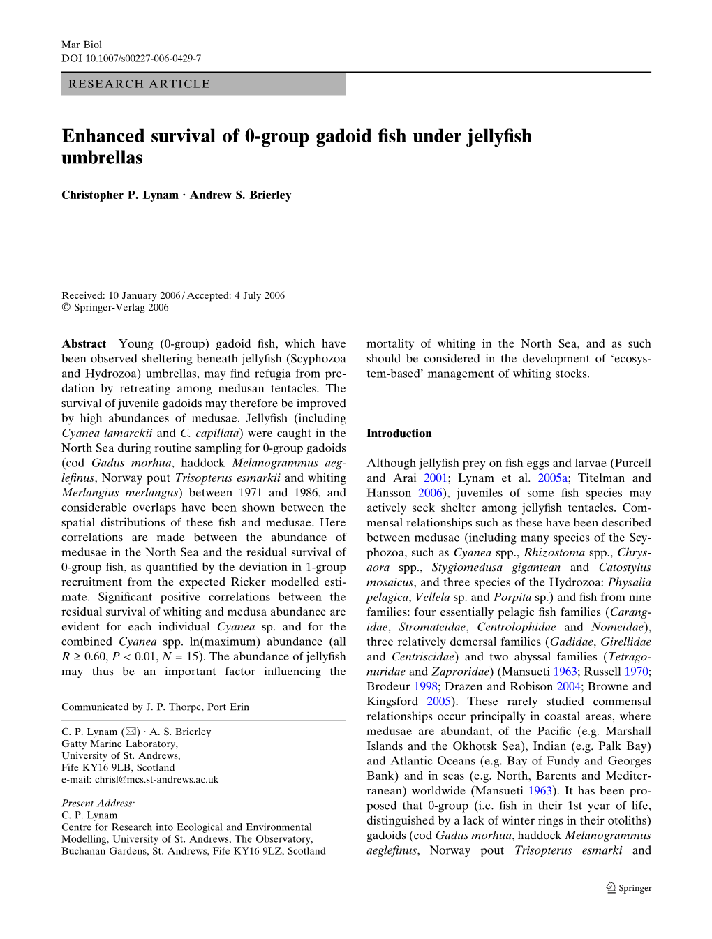 Enhanced Survival of 0-Group Gadoid Fish Under Jellyfish Umbrellas