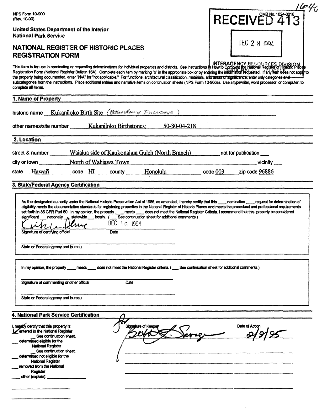 RECEIV United States Department of the Interior National Park Service NATIONAL REGISTER of HISTORIC PLACES REGISTRATION FORM