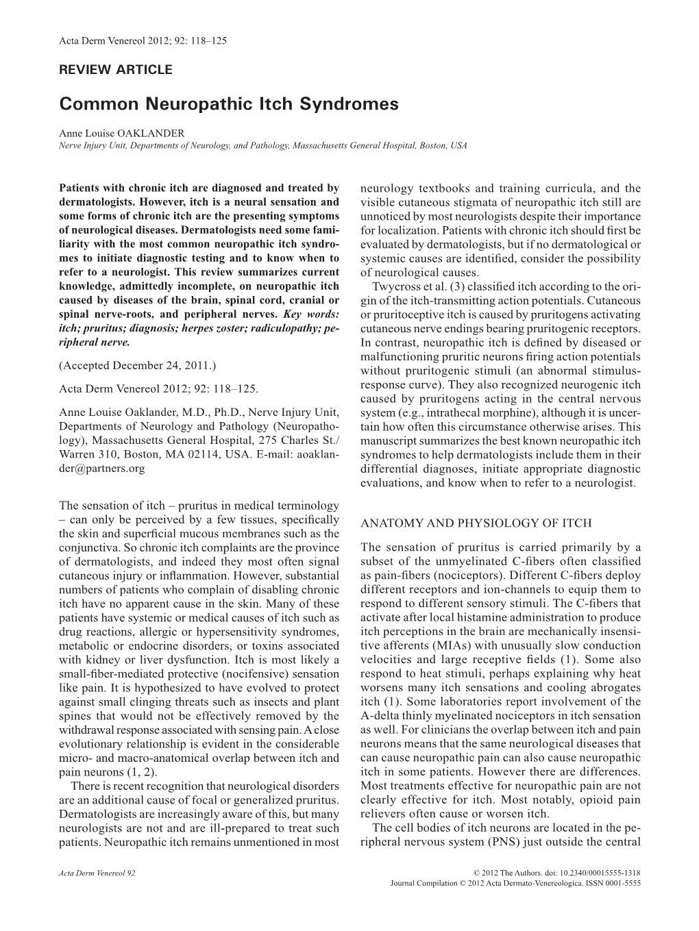 Common Neuropathic Itch Syndromes