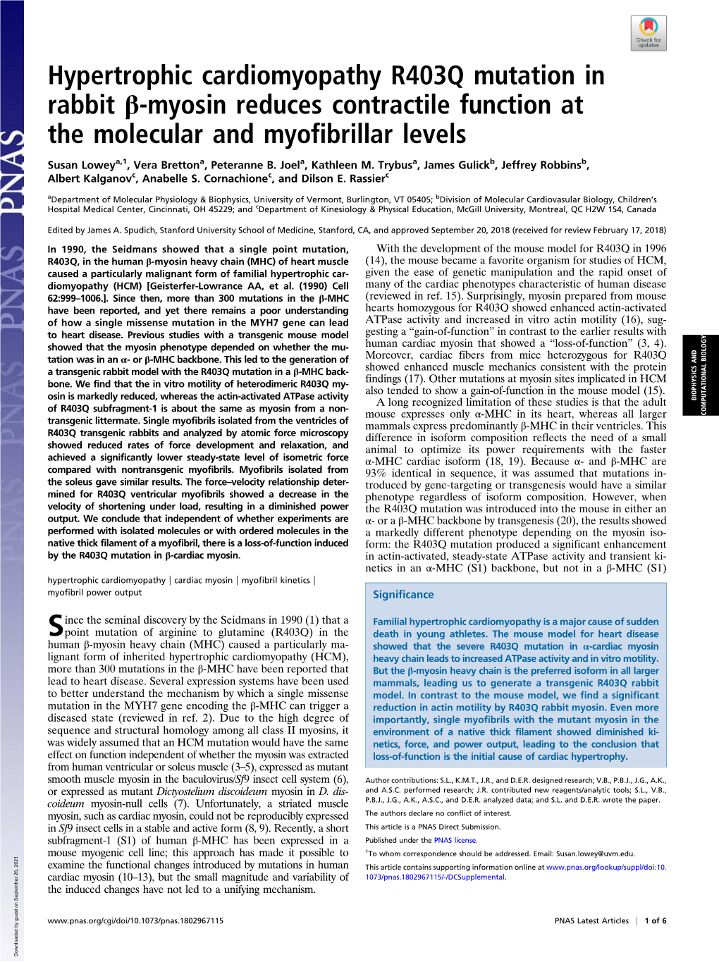 Hypertrophic Cardiomyopathy R403Q Mutation in Rabbit Β-Myosin Reduces Contractile Function at the Molecular and Myofibrillar Levels