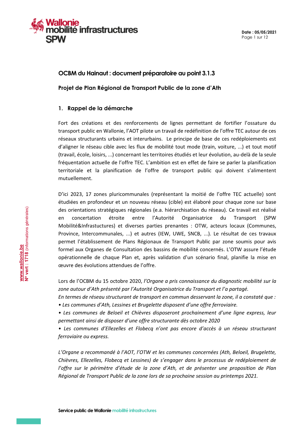 OCBM Du Hainaut : Document Préparatoire Au Point 3.1.3