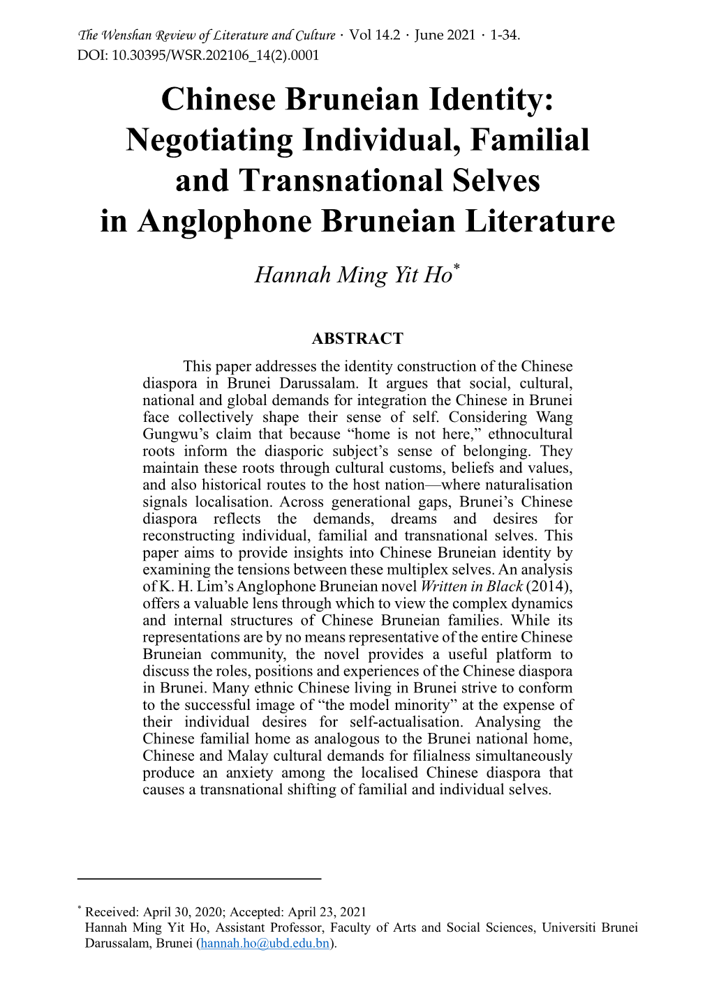 Chinese Bruneian Identity: Negotiating Individual, Familial and Transnational Selves in Anglophone Bruneian Literature