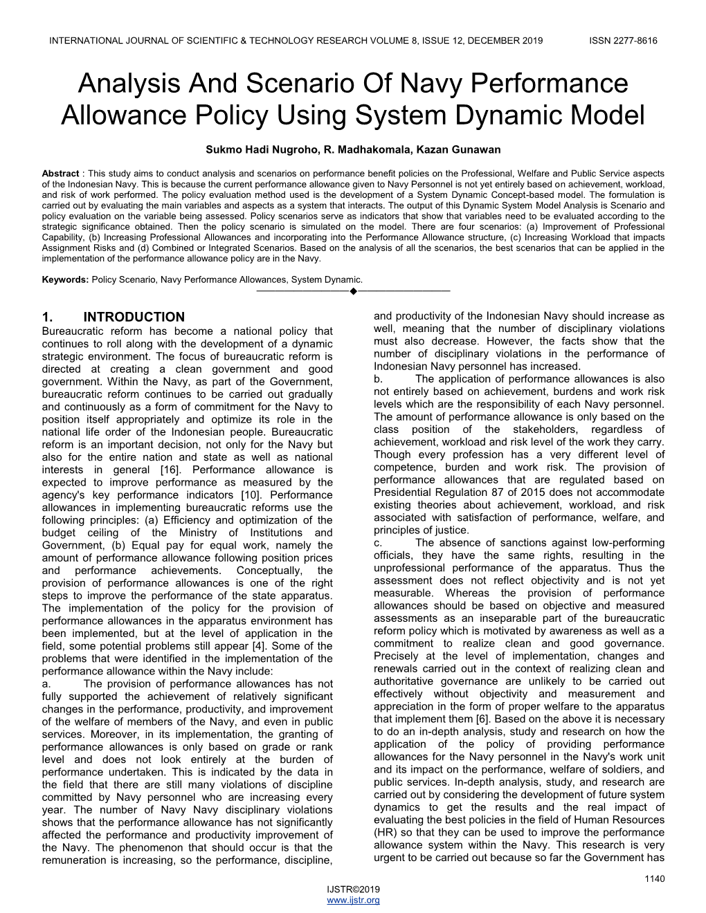 Analysis and Scenario of Navy Performance Allowance Policy Using System Dynamic Model