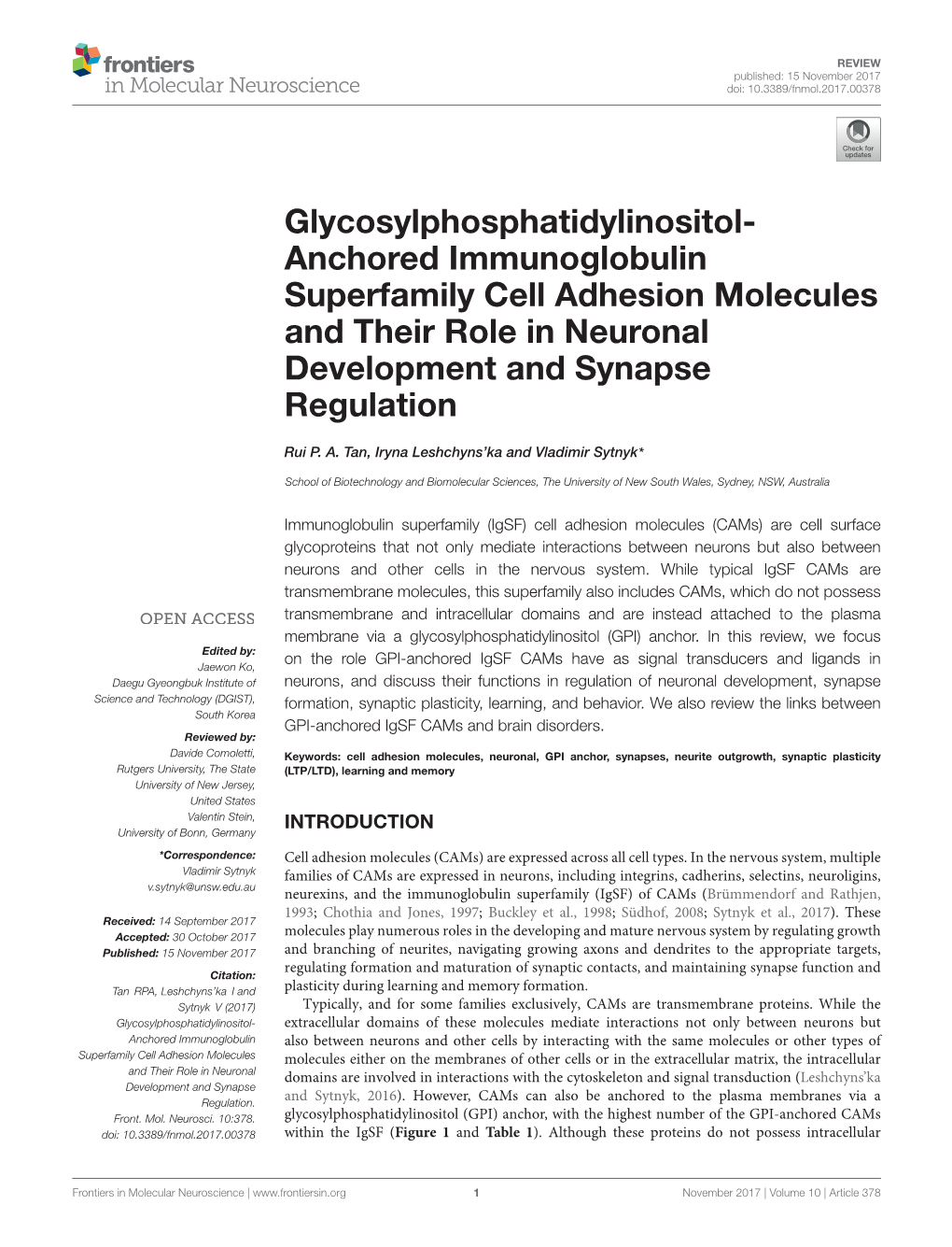 Glycosylphosphatidylinositol- Anchored Immunoglobulin Superfamily Cell Adhesion Molecules and Their Role in Neuronal Development and Synapse Regulation