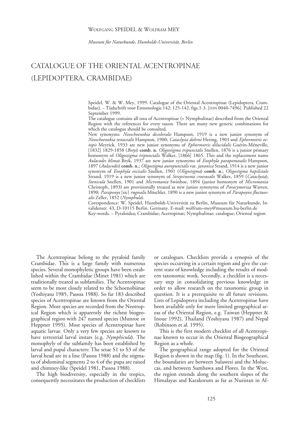 Catalogue of the Oriental Acentropinae (Lepidoptera, Crambidae)