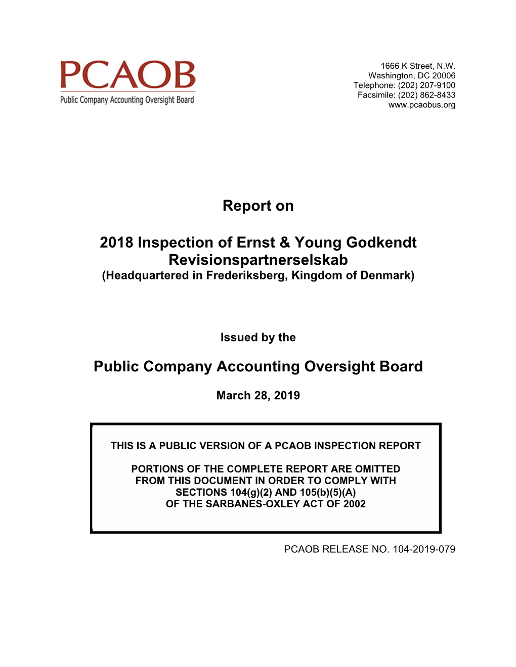 Report on 2018 Inspection of Ernst & Young Godkendt Revisionspartnerselskab Public Company Accounting Oversight Board