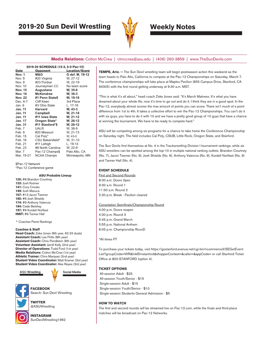 2019-20 Sun Devil Wrestling Weekly Notes