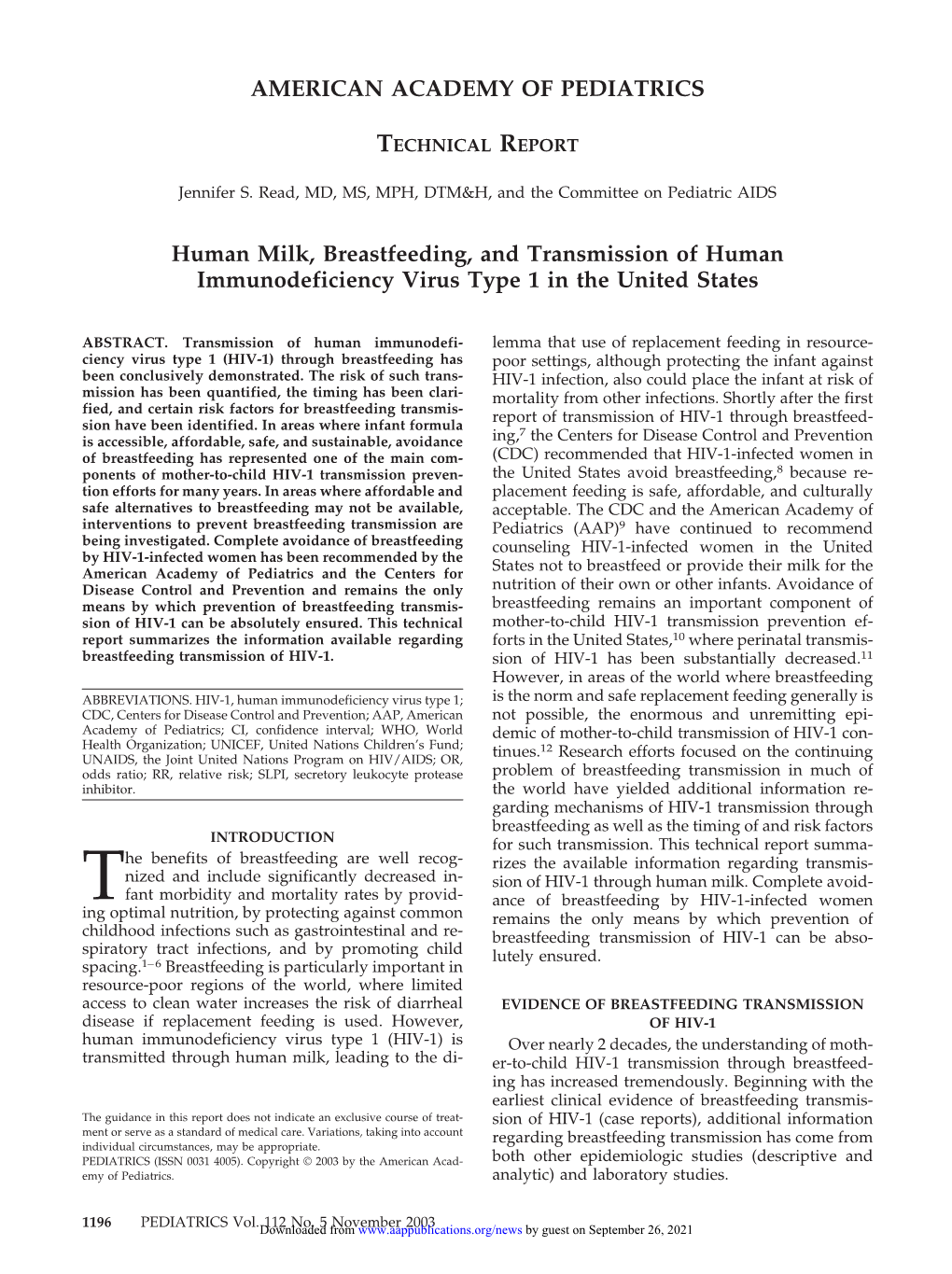 Human Milk, Breastfeeding, and Transmission of Human Immunodeficiency Virus Type 1 in the United States