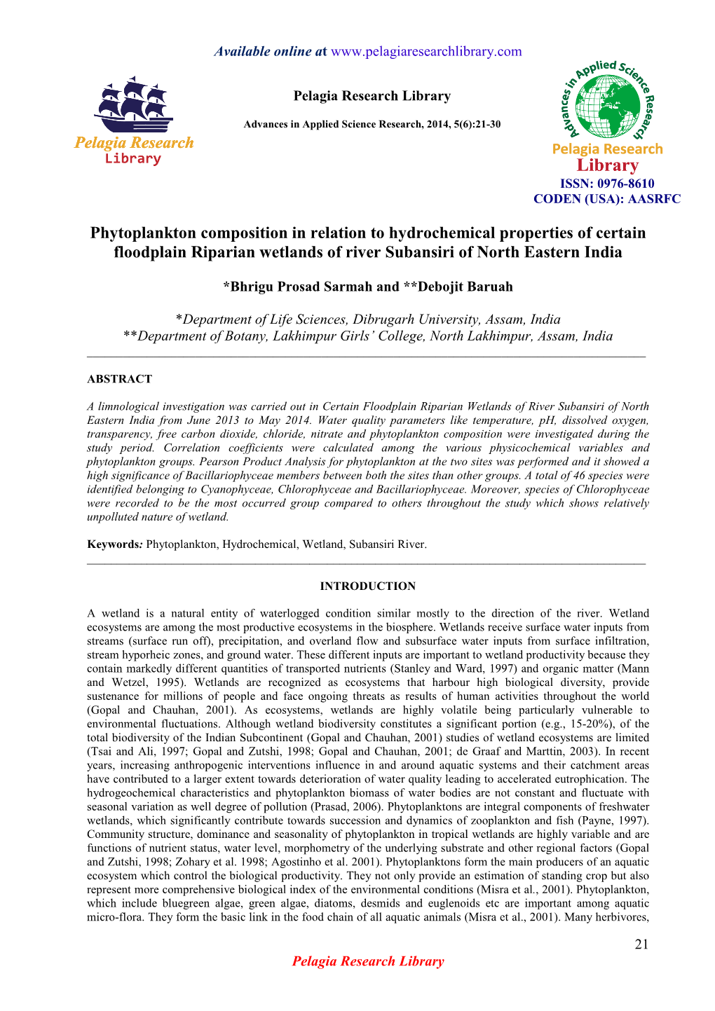 Phytoplankton Composition in Relation to Hydrochemical Properties of Certain Floodplain Riparian Wetlands of River Subansiri of North Eastern India