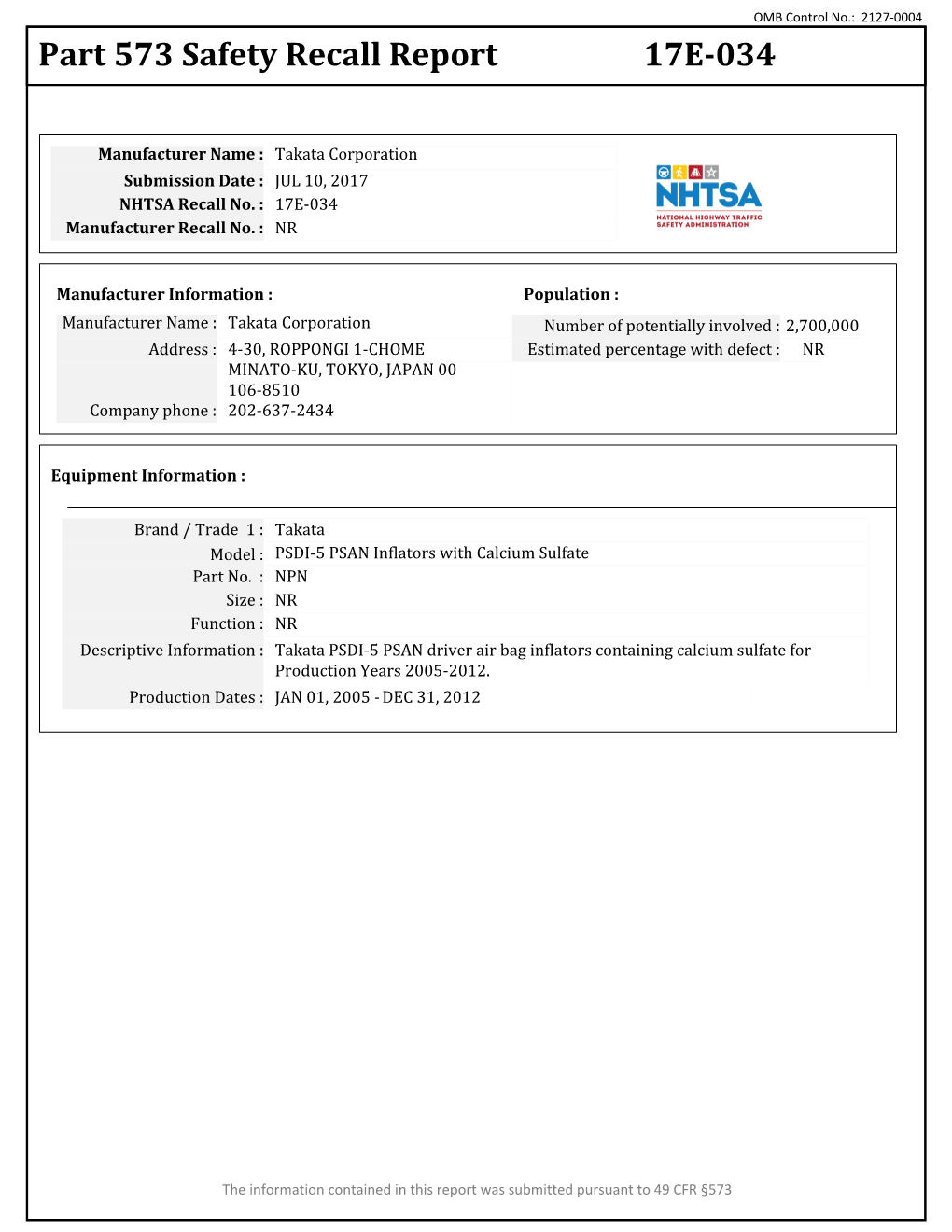 Part 573 Safety Recall Report 17E-034