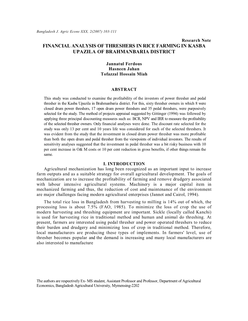 Financial Analysis of Threshers in Rice Farming in Kasba Upazila of Brahmanbaria District