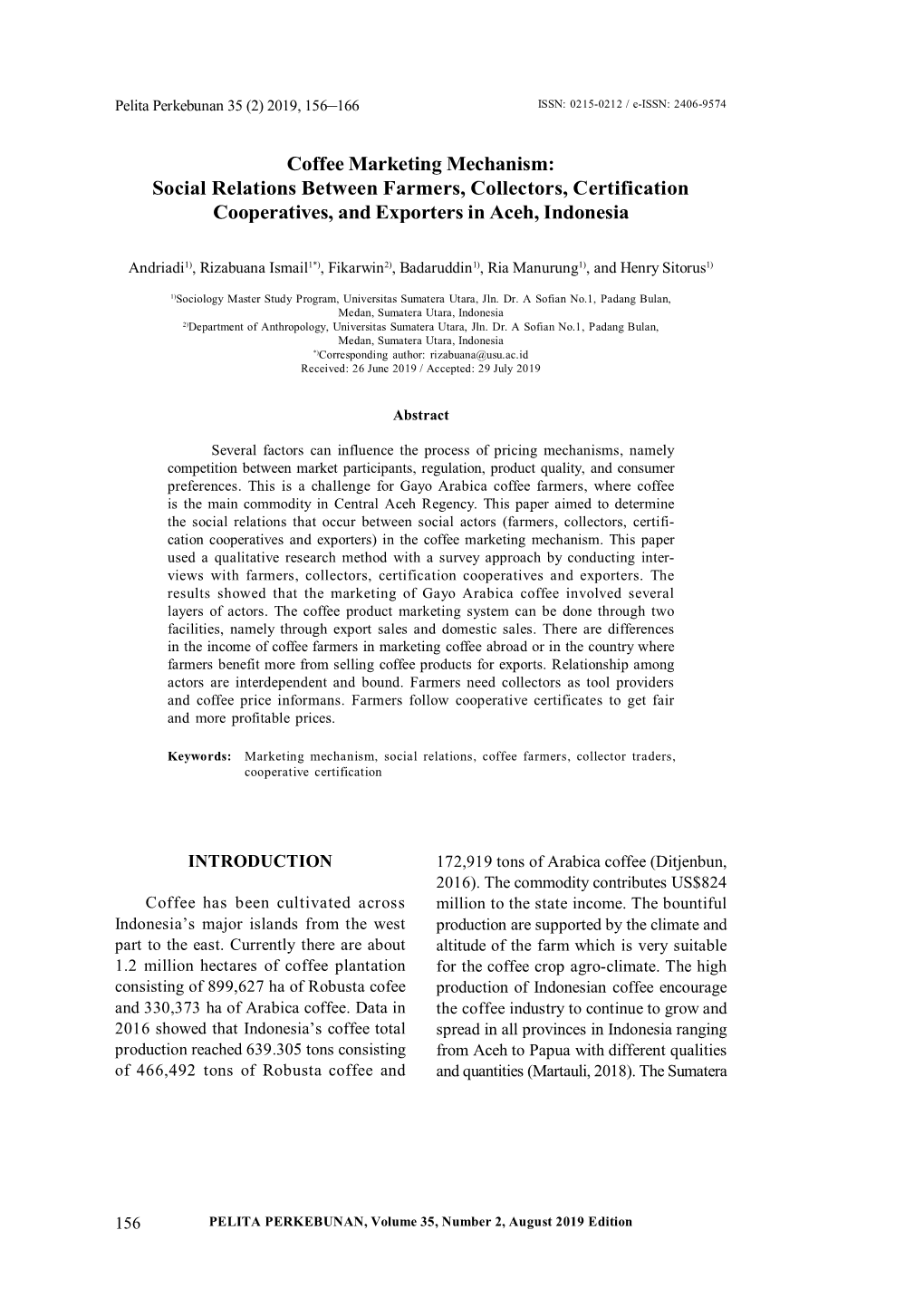 Coffee Marketing Mechanism: Social Relations Between Farmers, Collectors, Certification Cooperatives, and Exporters in Aceh, Indonesia