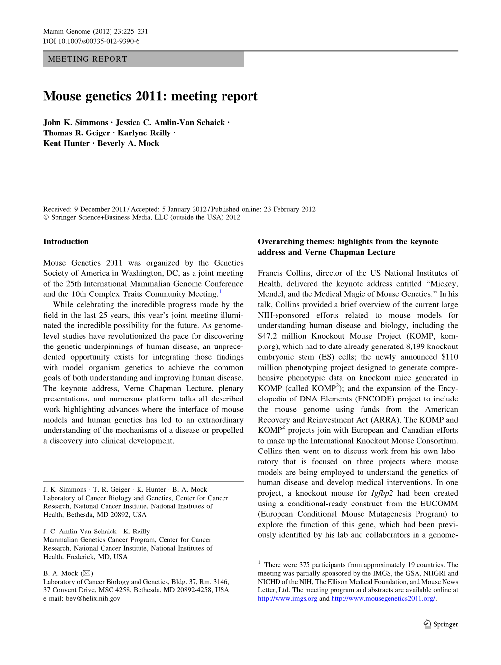 Mouse Genetics 2011: Meeting Report