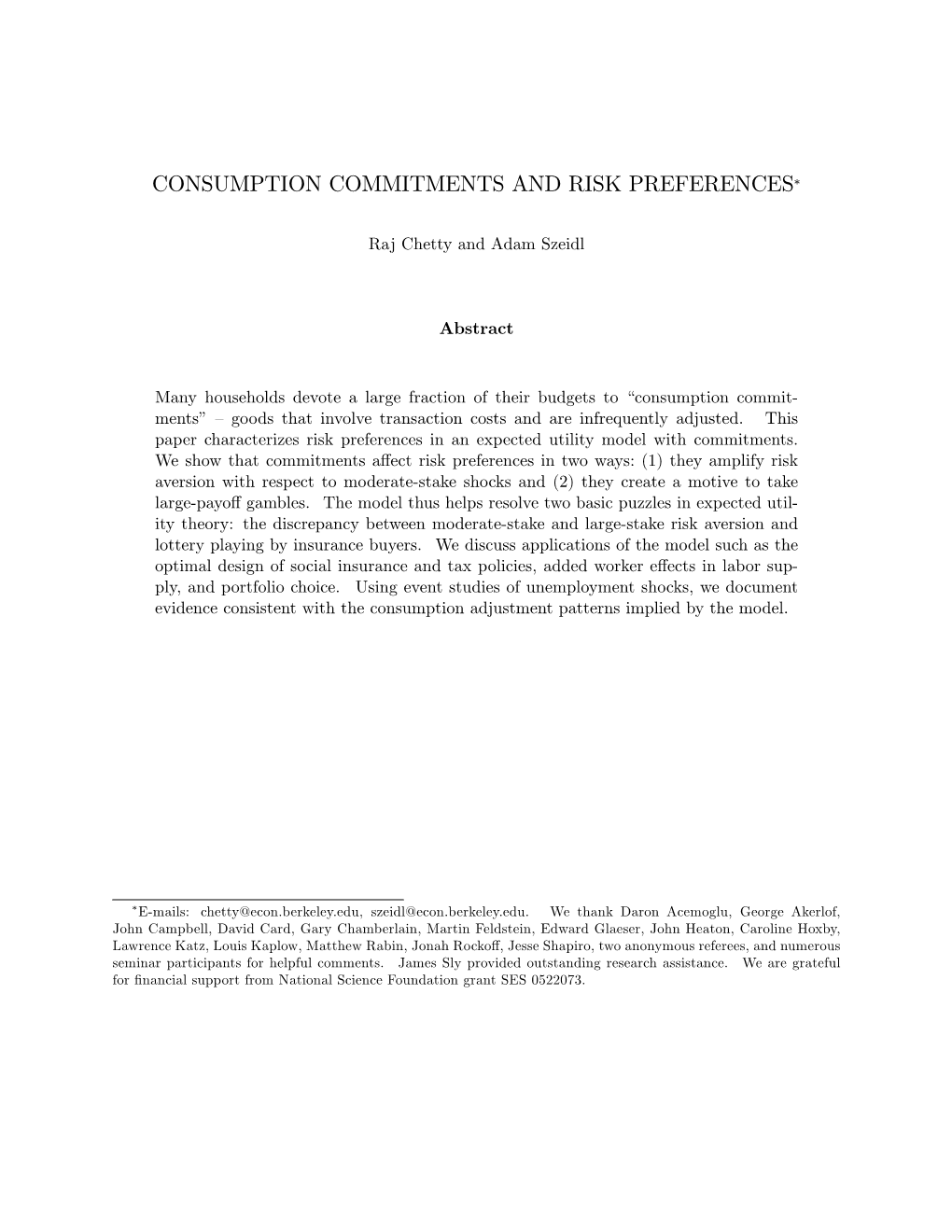 Consumption Commitments and Risk Preferences*