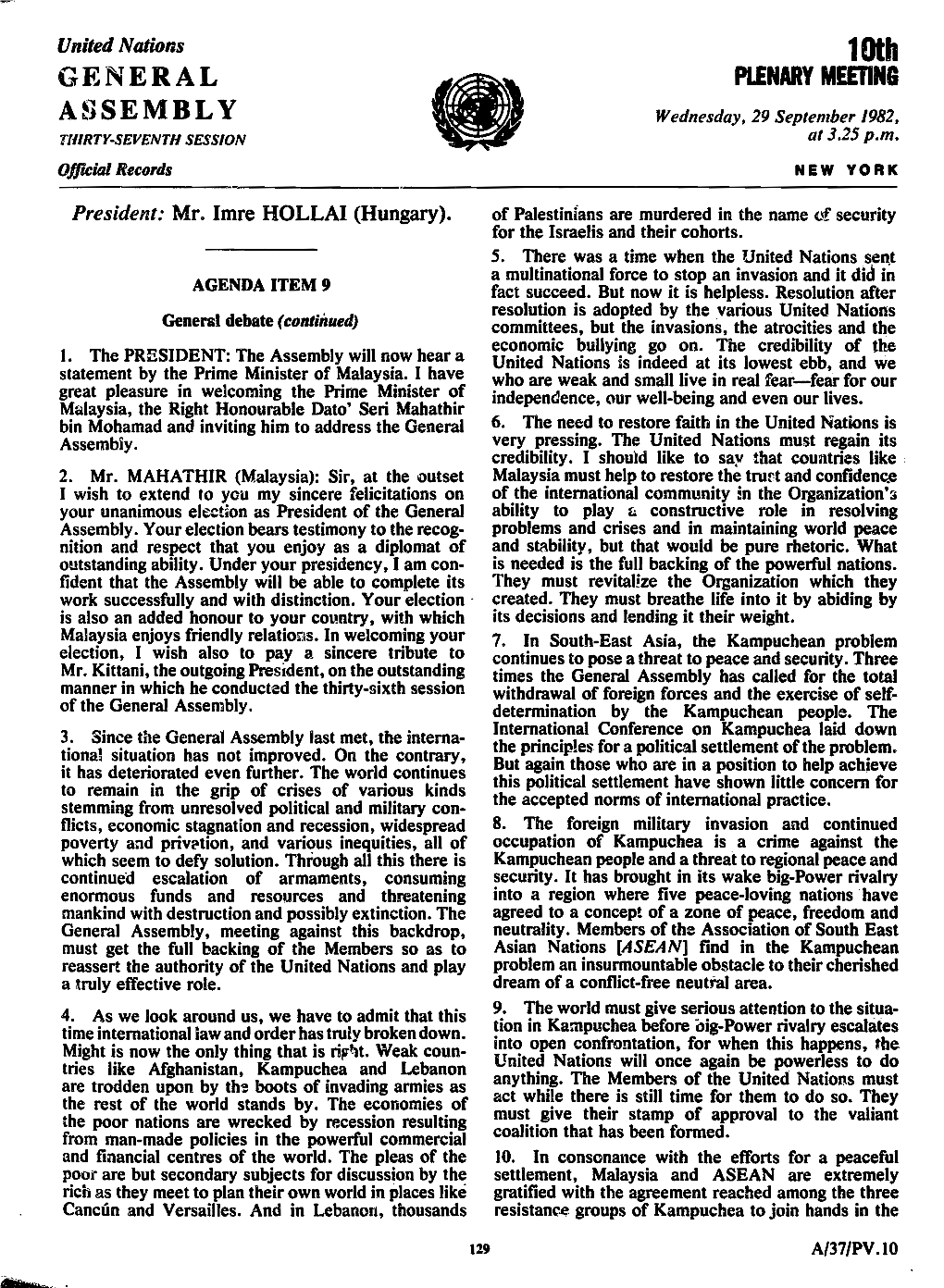 GENERAL PLENARY MEETING ASSEMBLY Wednesday, 29 September /982, THIRTY-SEVENTH SESSION at 3.25 P.M