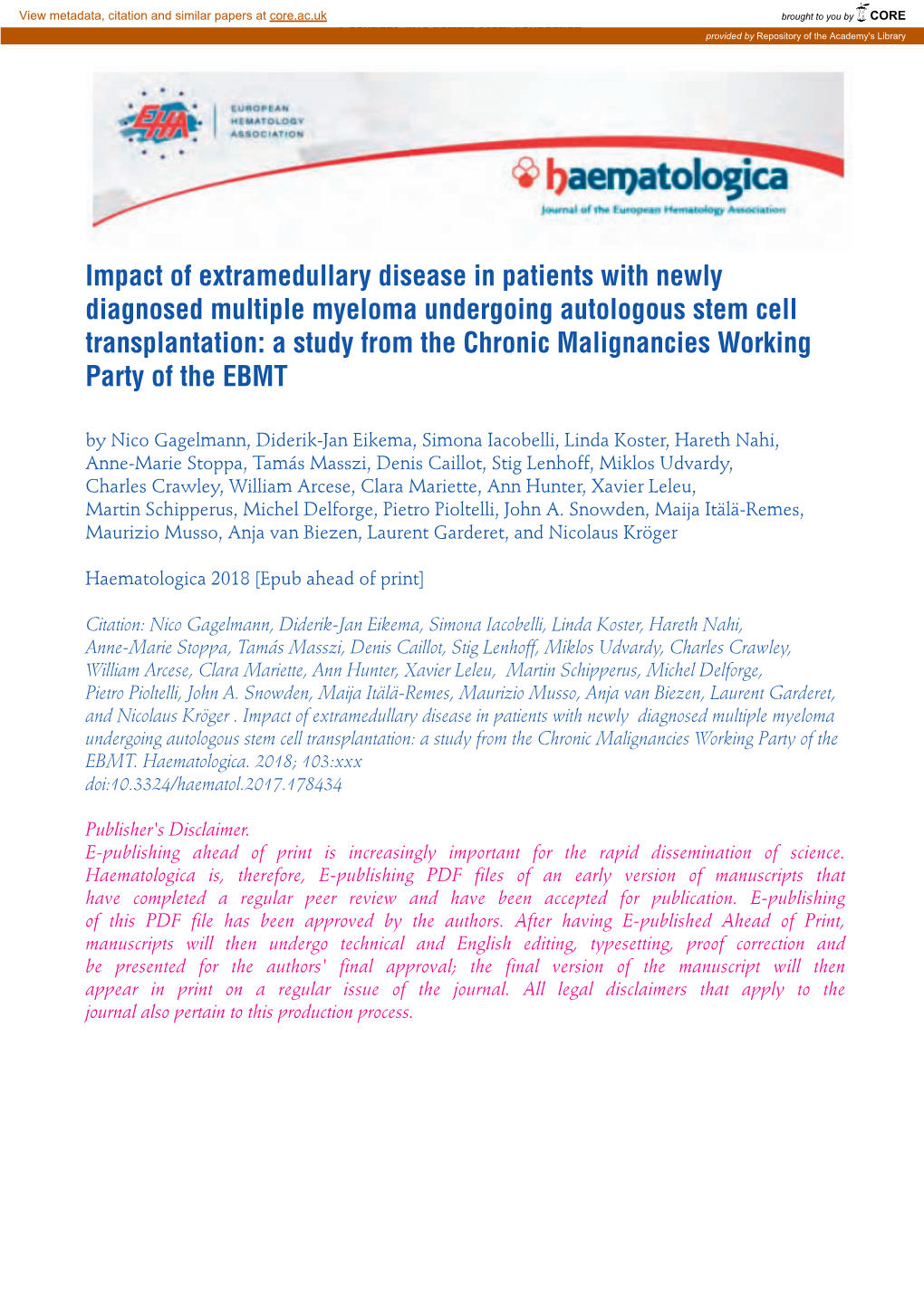 Impact of Extramedullary Disease in Patients with Newly