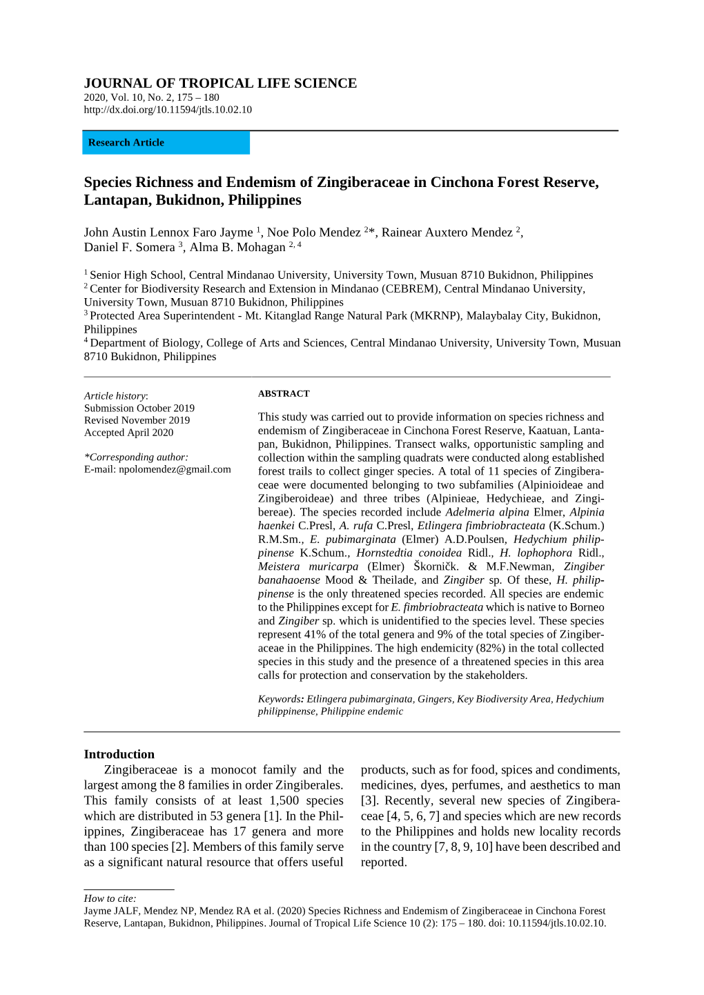 Species Richness and Endemism of Zingiberaceae in Cinchona Forest Reserve, Lantapan, Bukidnon, Philippines