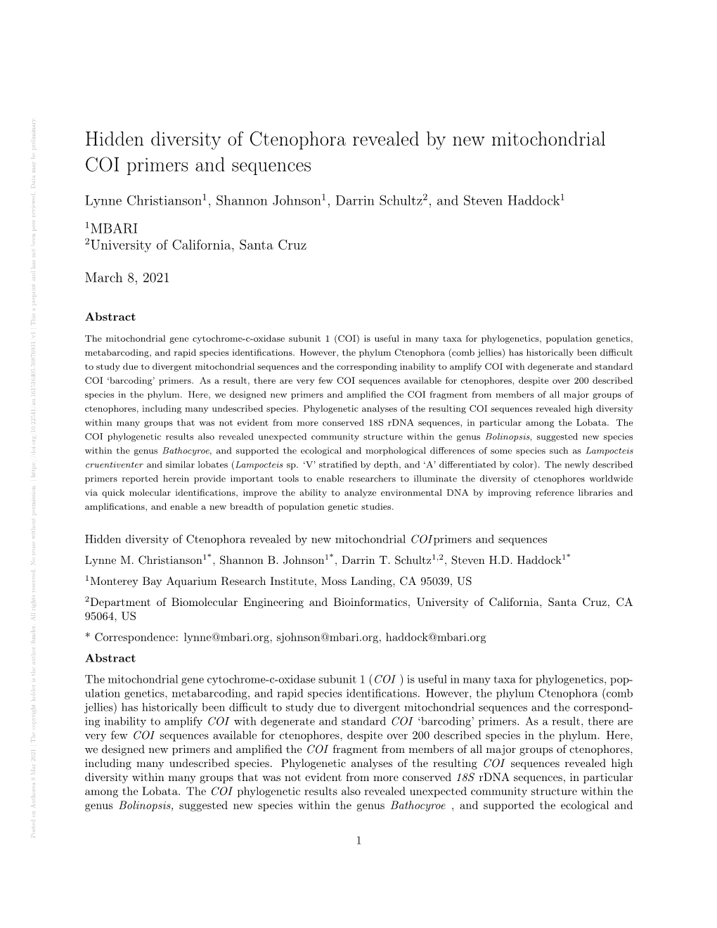 Hidden Diversity of Ctenophora Revealed by New Mitochondrial COI