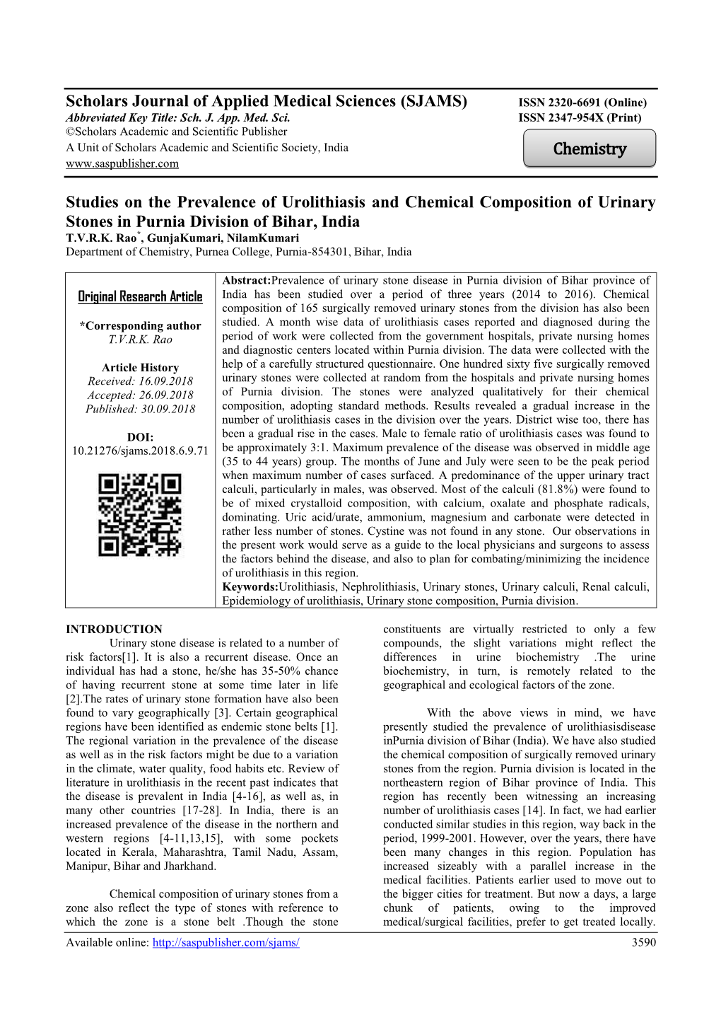 (SJAMS) Studies on the Prevalence of Urolithiasis and Chemical