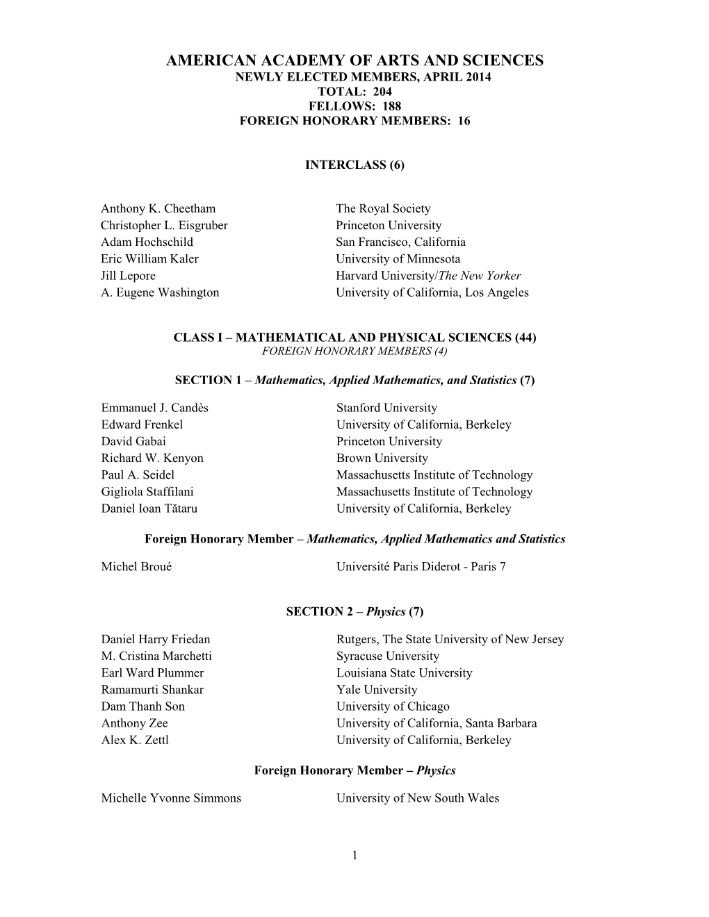 American Academy of Arts and Sciences Newly Elected Members, April 2014 Total: 204 Fellows: 188 Foreign Honorary Members: 16