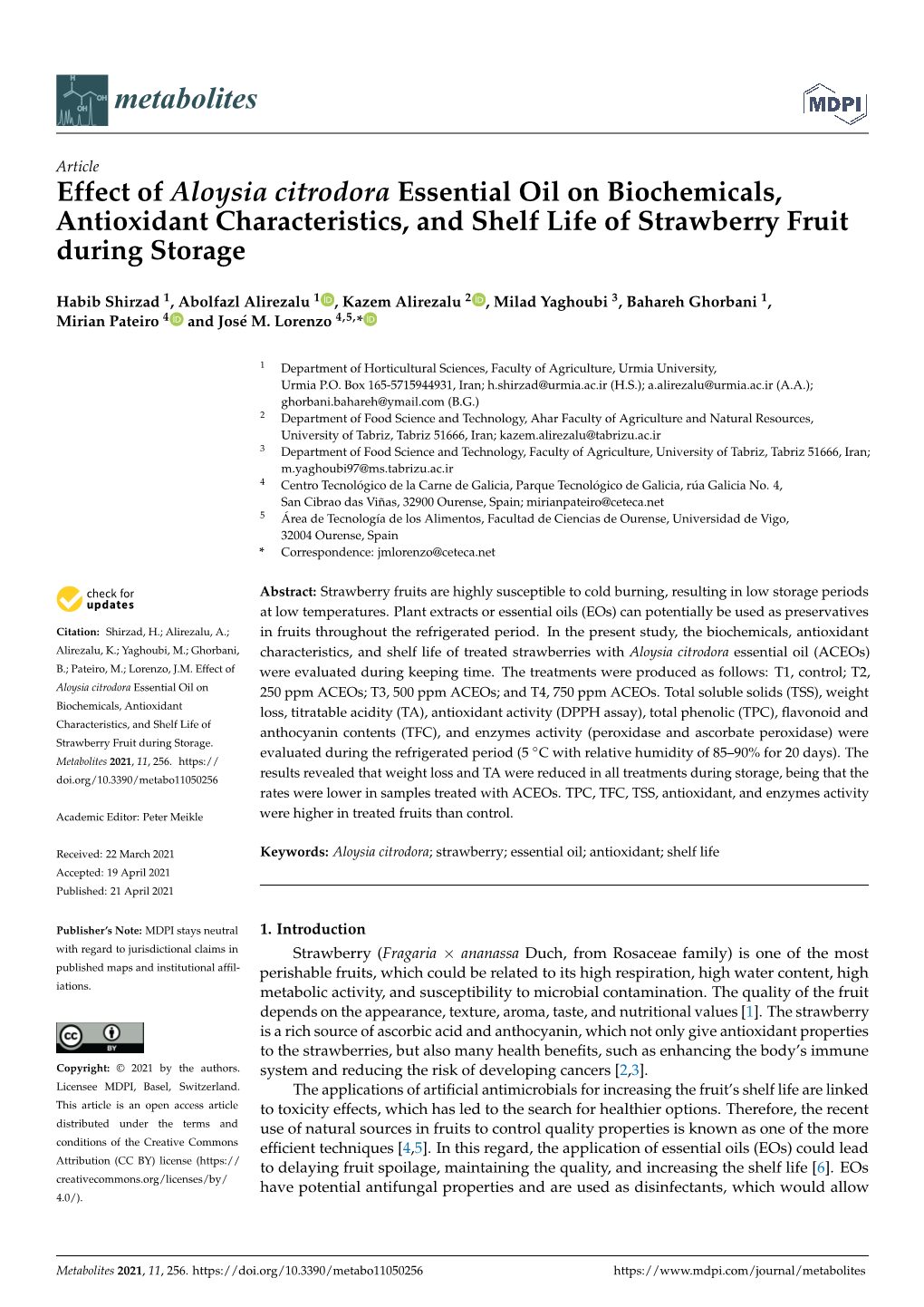 Effect of Aloysia Citrodora Essential Oil on Biochemicals, Antioxidant Characteristics, and Shelf Life of Strawberry Fruit During Storage