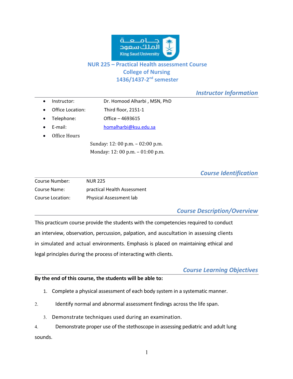 NUR 225 Practical Health Assessment Course