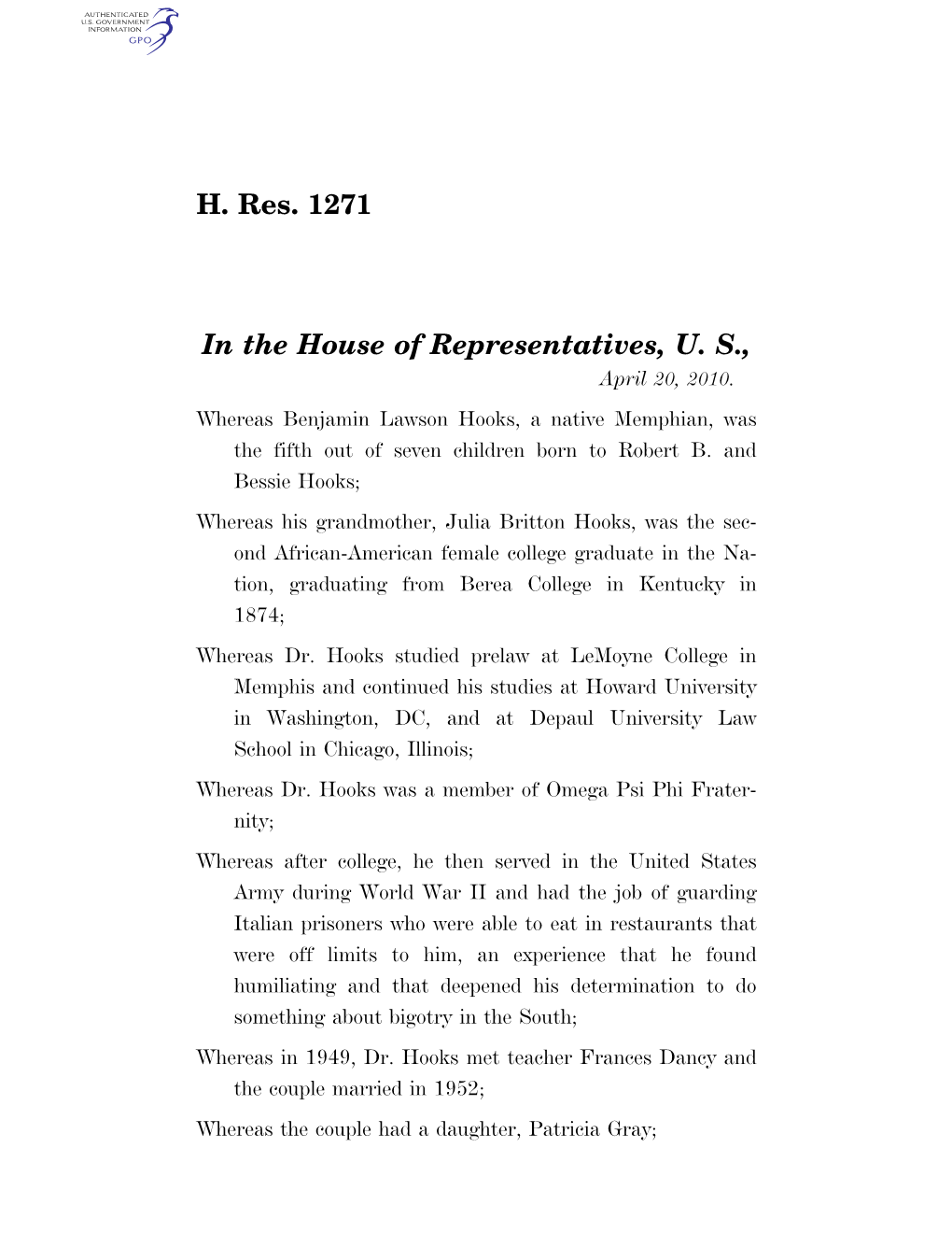 H. Res. 1271 in the House of Representatives, U