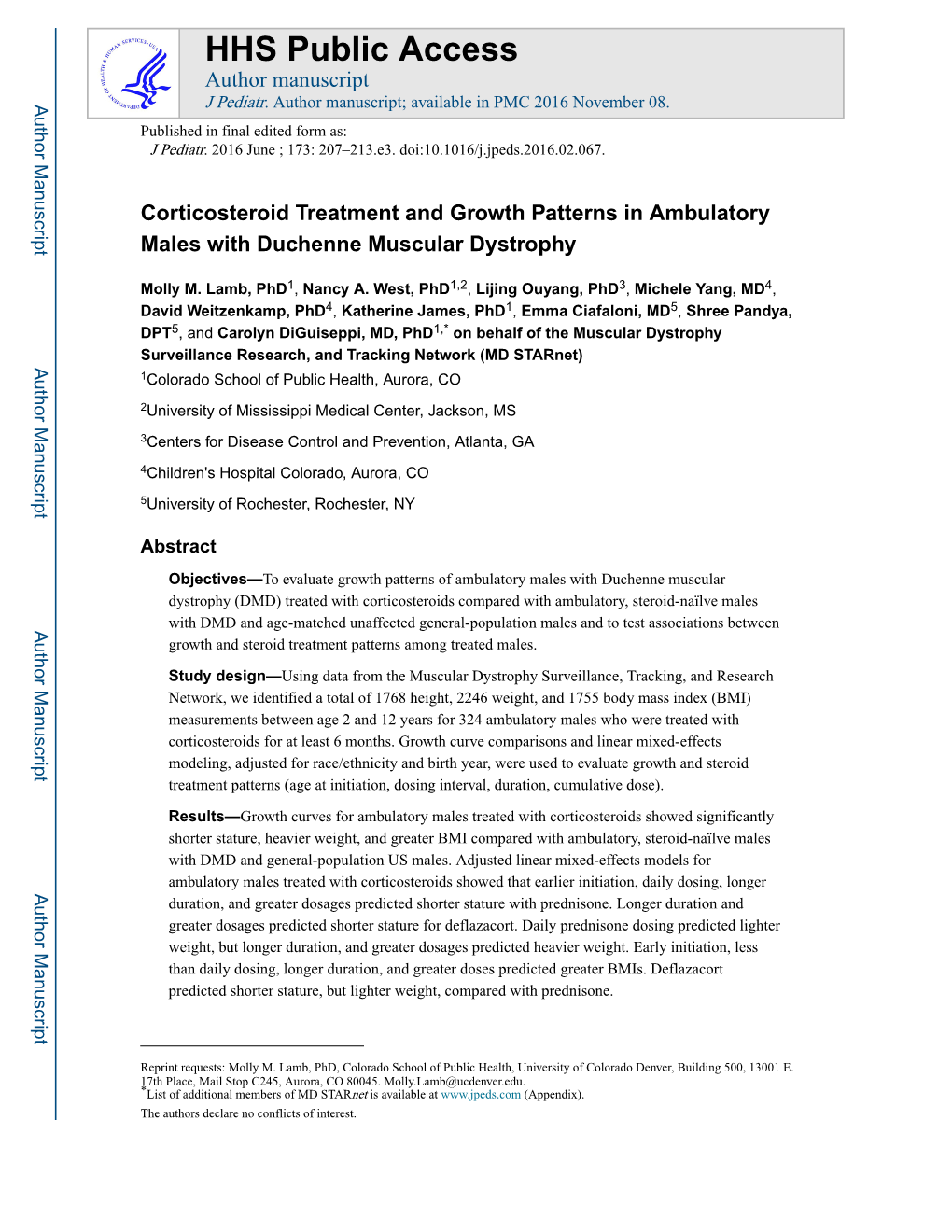 Corticosteroid Treatment and Growth Patterns in Ambulatory Males with Duchenne Muscular Dystrophy